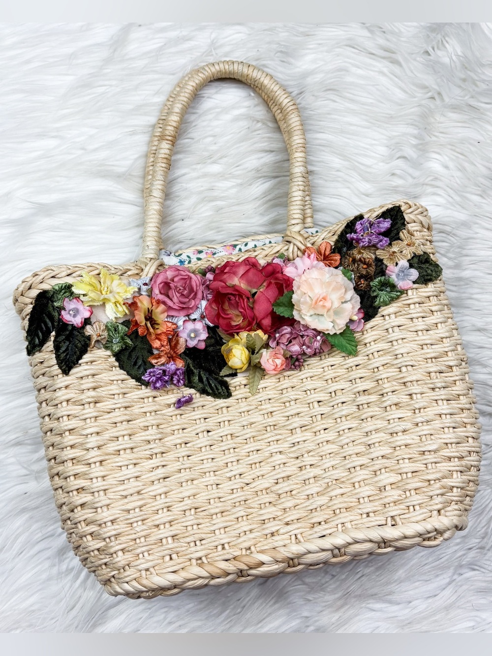 Vintage Cottagecore Floral Flower Raffia Woven Satchel Tote Bag Coquette Lolita